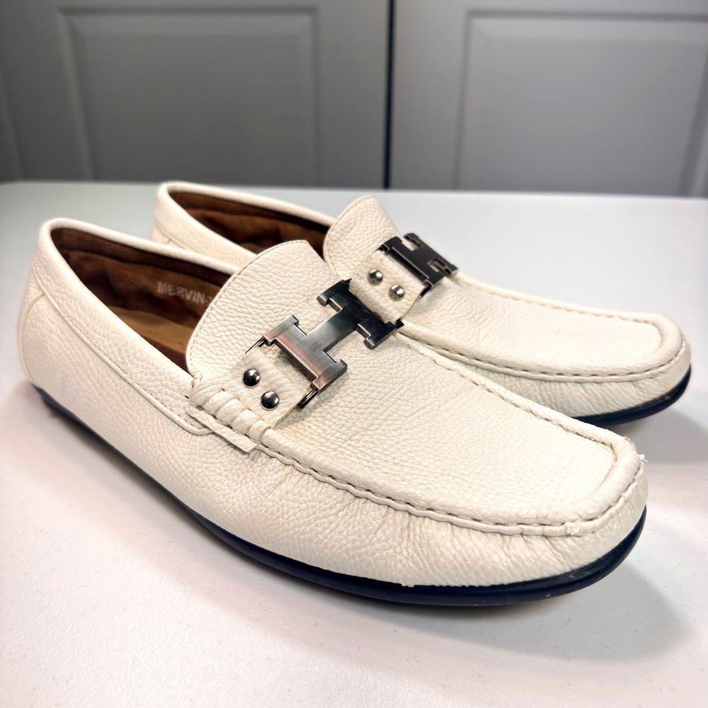 MG Shoes Mervin-24 Men's Size 9 White Leather Driving Loafers Moc Toe